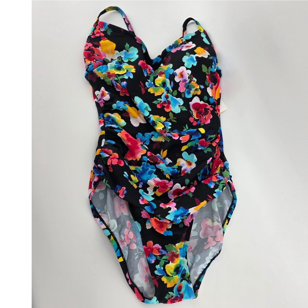 Aqua Green Womens Floral Twist Back One Piece Swimsuit Black Multi Medium (708)
